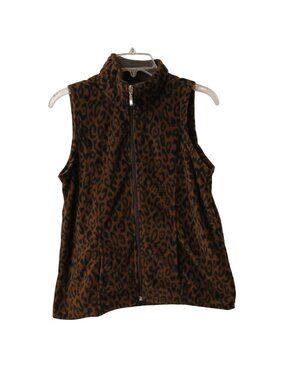 Lena Petite S Womens Leopard Print Sleeveless Fleece Vest Zip Brown Black #I-8